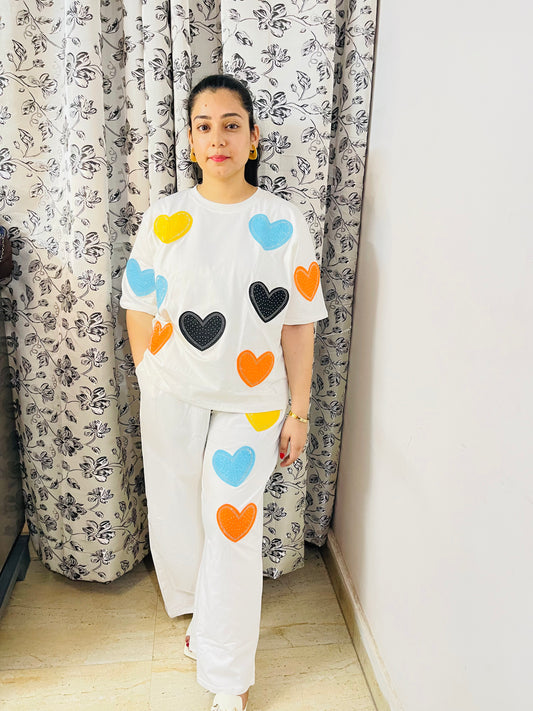 Colorful Heart Patch Co-ord Set for Women – Cotton Loungewear | Glam Me By TK