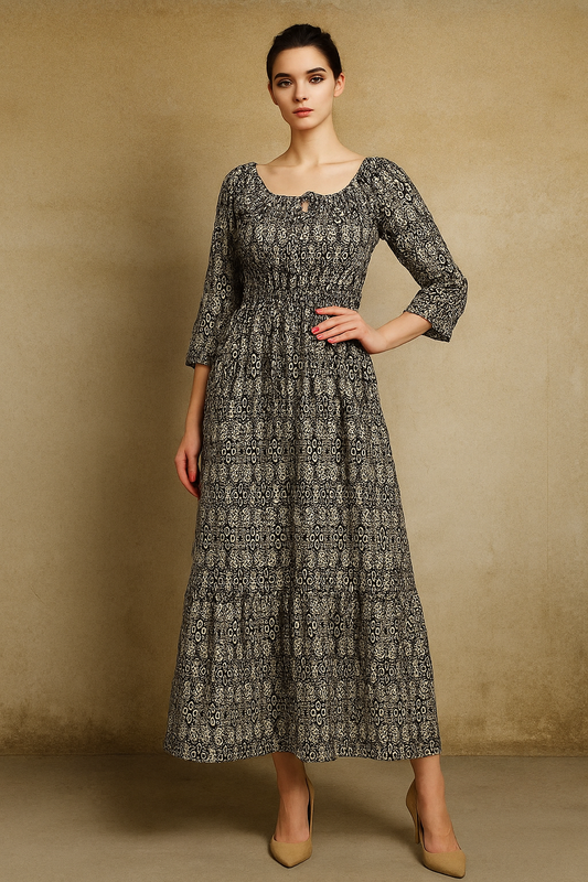 Elegant Printed Maxi Dresses for Women | Smocked Waist | 3/4th Sleeves |Rayon blend fabric| Glam Me By TK