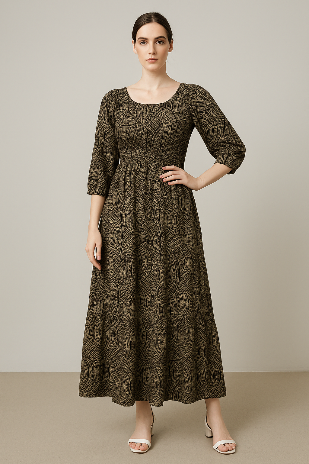 Elegant Printed Maxi Dresses for Women | Smocked Waist | 3/4th Sleeves |Rayon blend fabric| Glam Me By TK
