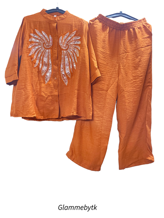 Stylish Women's Co-Ord Set with Embellished Angel Wing Design |cotton-linen fabric – Trendy Casual Wear by Glammebytk