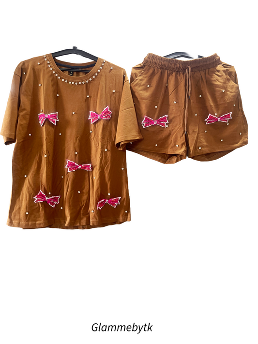 🎀 Brown Bow Embellished Co-Ord Set |cotton-polyester fabric – Glammebytk