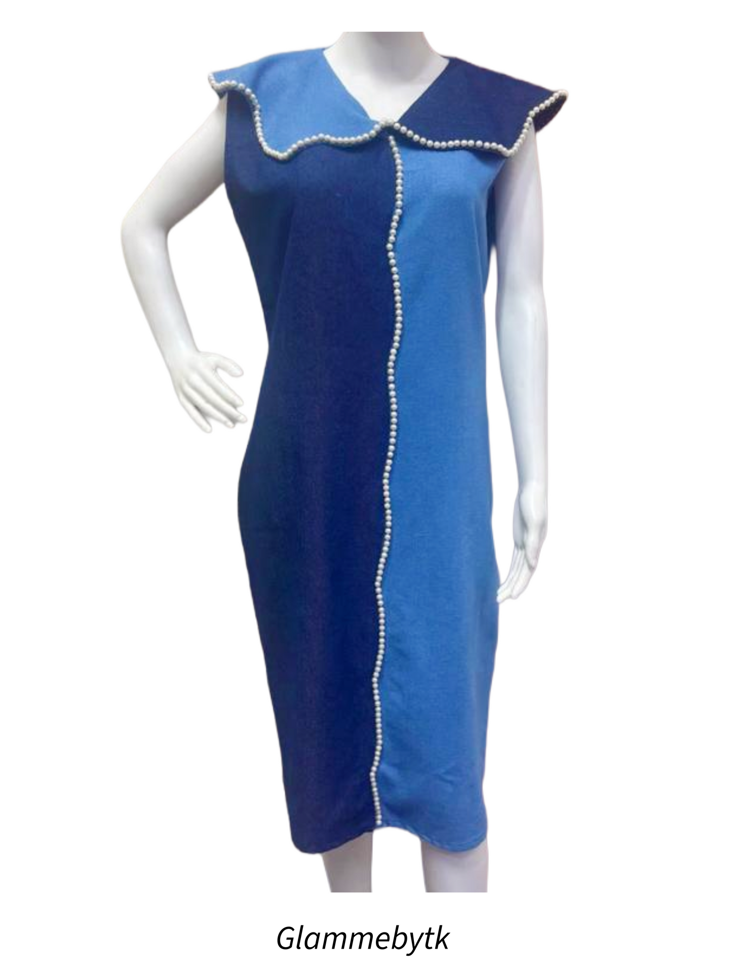 Two-Tone Blue Sleeveless Midi Dress with Statement Collar| Denim Dress
