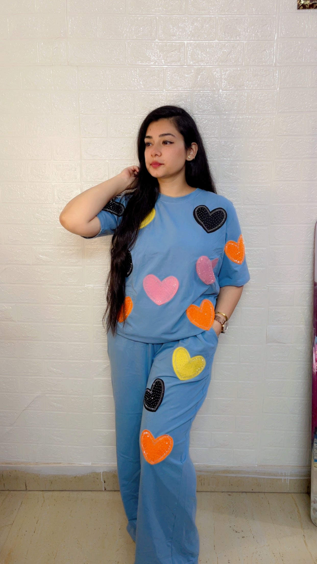 Colorful Heart Patch Co-ord Set for Women – Cotton Loungewear | Glam Me By TK