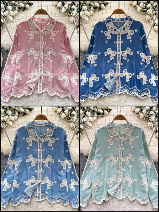 Women's Embroidered Bow Shirt – Cotton Blend | 4 Elegant Colors | Glam Me By TK
