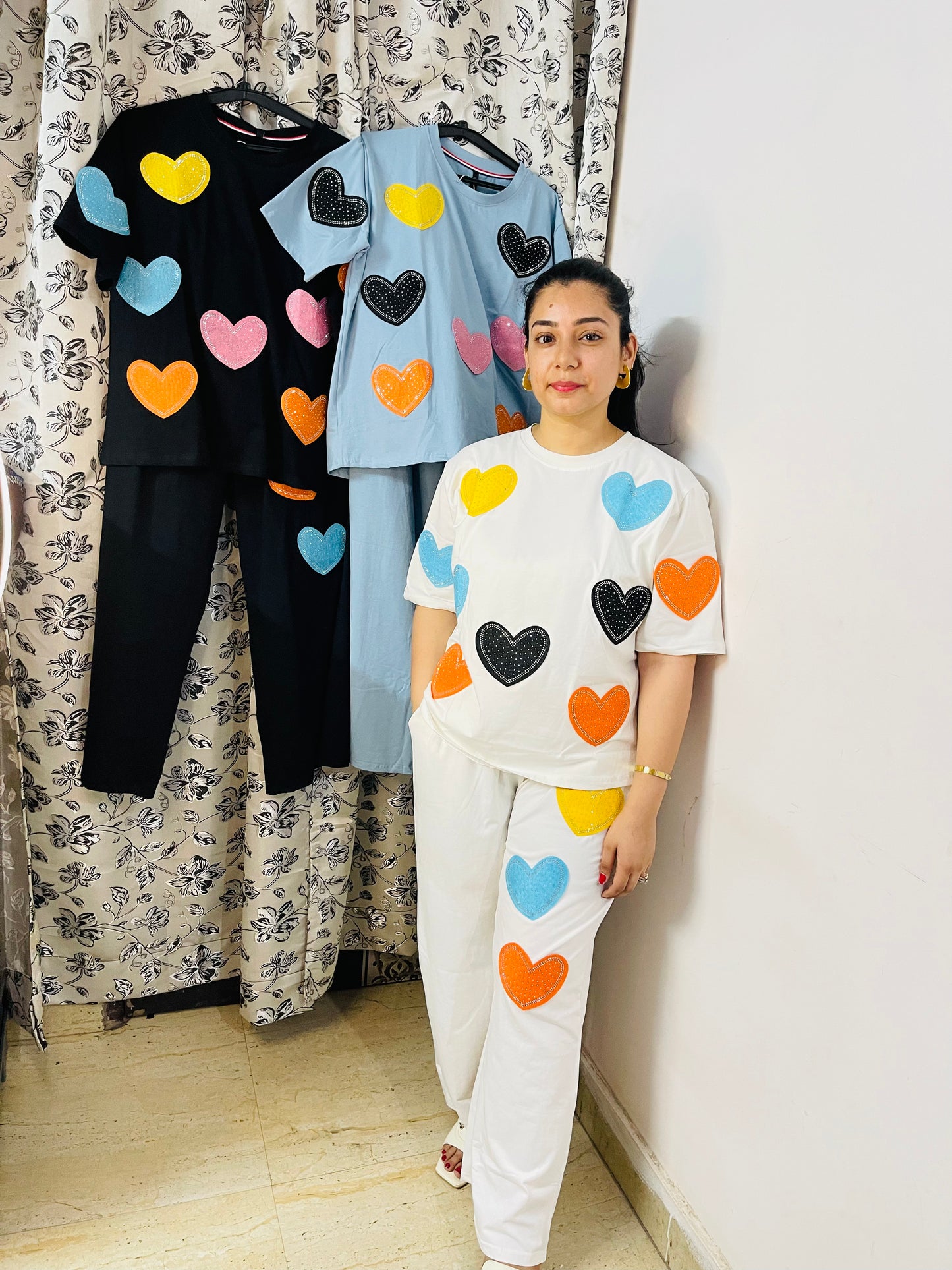 Colorful Heart Patch Co-ord Set for Women – Cotton Loungewear | Glam Me By TK