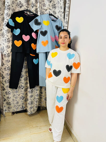 Colorful Heart Patch Co-ord Set for Women – Cotton Loungewear | Glam Me By TK