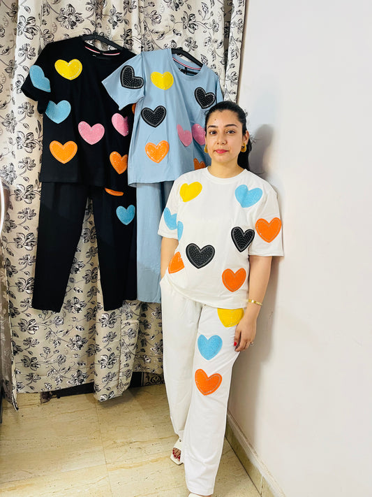 Colorful Heart Patch Co-ord Set for Women – Cotton Loungewear | Glam Me By TK