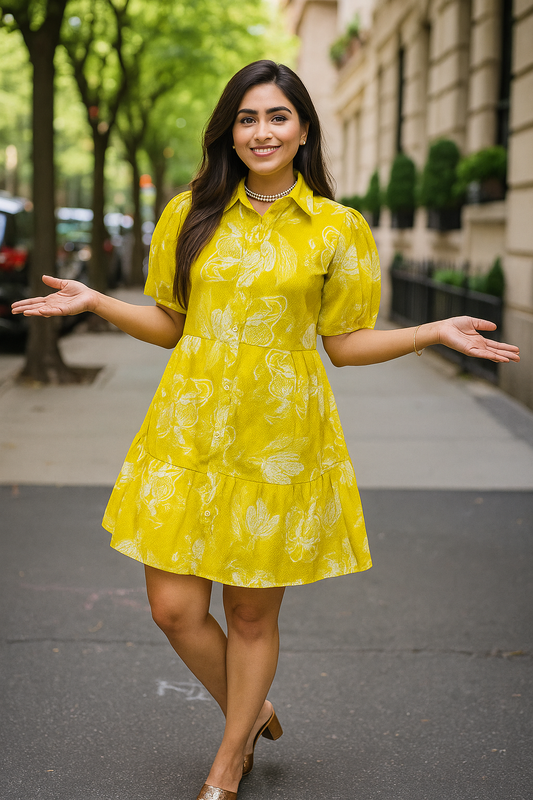 Sunlit Bloom Short Dress – Floral Vibe in Yellow