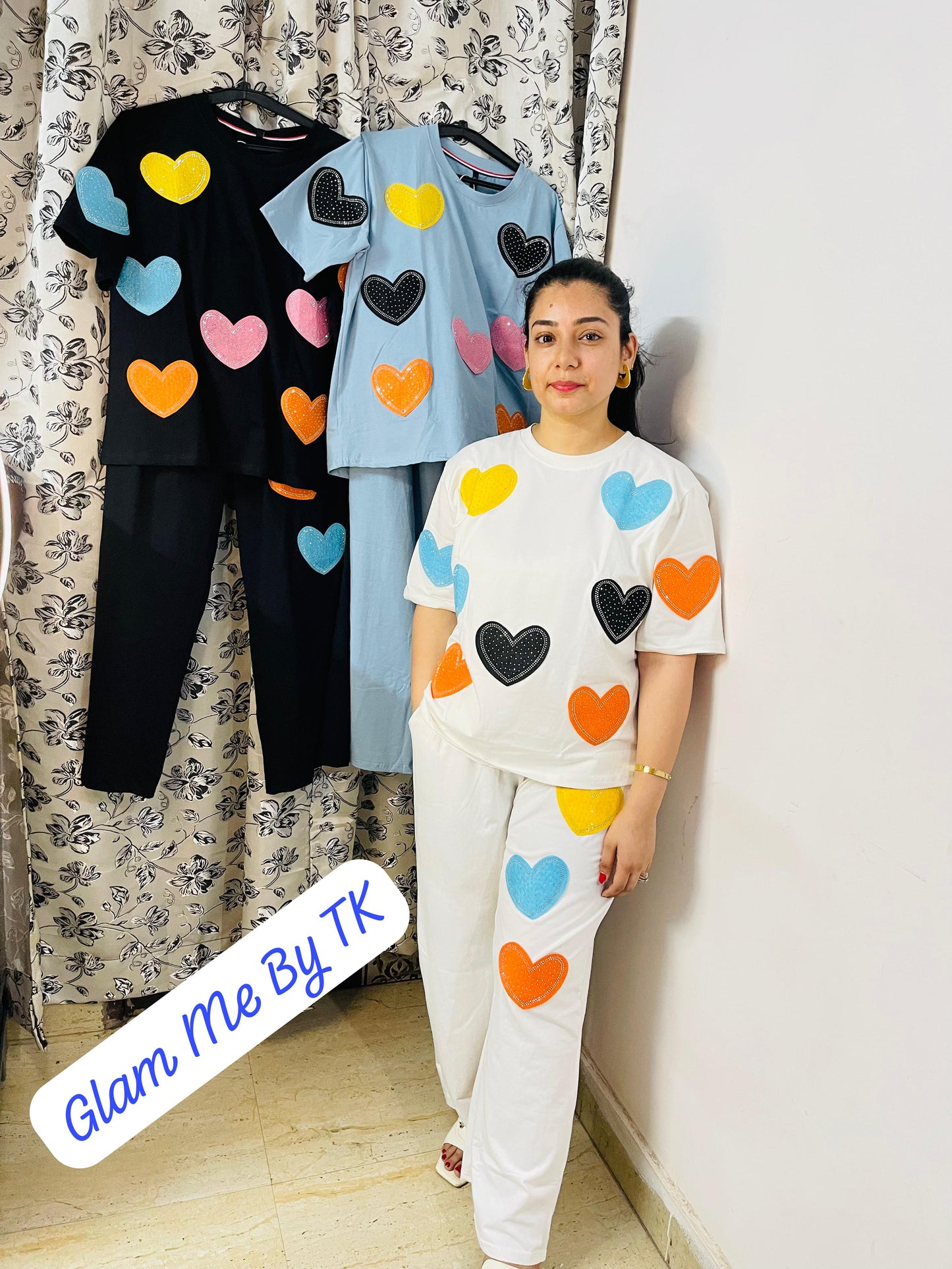 Colorful Heart Patch Co-ord Set for Women – Cotton Loungewear | Glam Me By TK