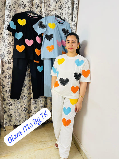 Colorful Heart Patch Co-ord Set for Women – Cotton Loungewear | Glam Me By TK