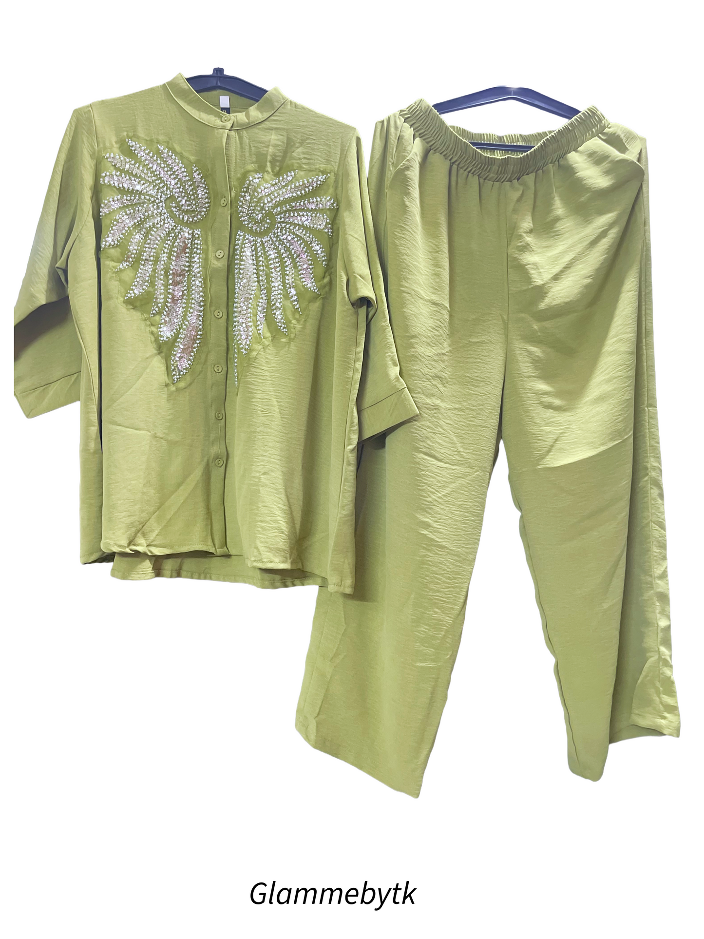 Stylish Women's Co-Ord Set with Embellished Angel Wing Design |cotton-linen fabric – Trendy Casual Wear by Glammebytk