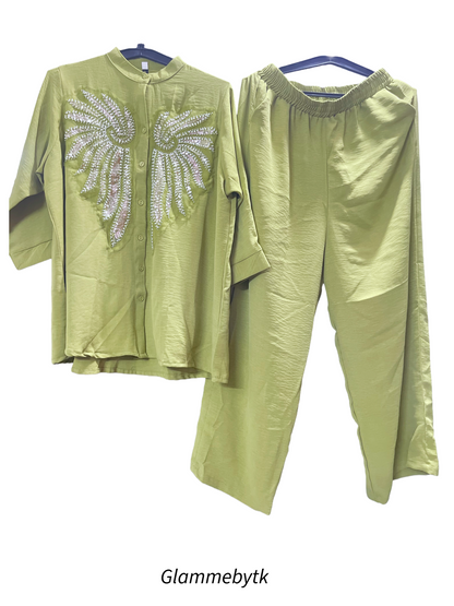 Stylish Women's Co-Ord Set with Embellished Angel Wing Design |cotton-linen fabric – Trendy Casual Wear by Glammebytk