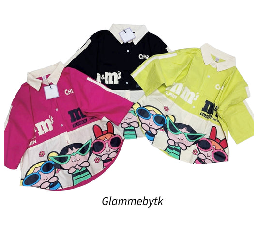 Trendy Cartoon Print Girls’ Shirt Dress – Color Block Casual Wear |COTTON FABRIC