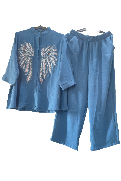 Stylish Women's Co-Ord Set with Embellished Angel Wing Design |cotton-linen fabric – Trendy Casual Wear by Glammebytk